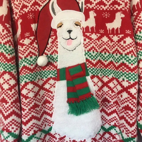 Jolly Sweaters L Ugly Christmas Sweater Llama Santa Hat Scarf Fair Isle‎ - Picture 2 of 5